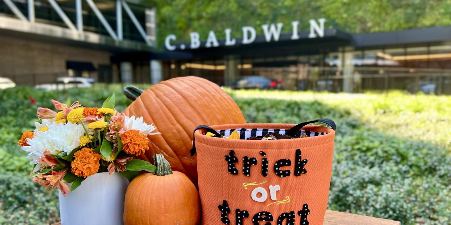 C Baldwin Hotel Exterior with Trick or Treat Basket and Pumpkins