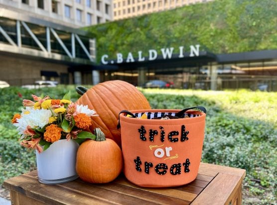 C Baldwin Hotel Exterior with Trick or Treat Basket and Pumpkins